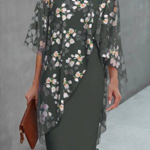 Floral Elegant Chiffon Crew Neck Semi-formal Commuting H-Line Dress, Formal Dresses, color:Gray|size:XXL, JustFashionNow