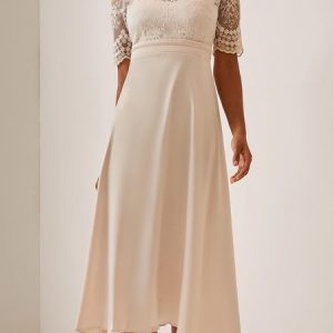 Boat Neck Satin Lace Elegant Dress, Dresses, color:Apricot|size:XXL, JustFashionNow
