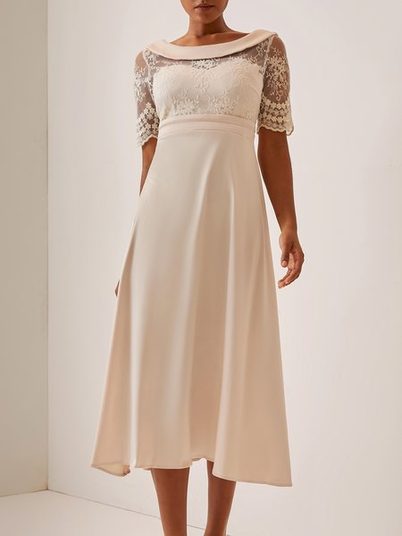 Mother of the groom/bride Boat Neck Satin Lace Elegant Dress, JustFashionNow Dresses, color:Apricot|size:XXL,