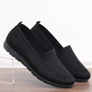 Women Casual Ribbed Fly-knit Fabric Slip On Shoes, Flats, color:Black|size:42, JustFashionNow