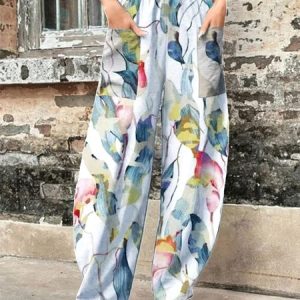Casual Floral Pants, Pants, color:White|size:XXL, JustFashionNow