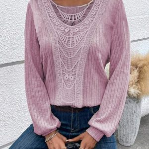 Crew Neck Balloon Sleeve Long Sleeve Plain Lace Regular Micro-Elasticity Loose TUNIC Blouse For Women, Blouses, color:Pink|size:XXL, catalog Noracora shop