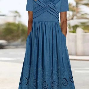 Cotton-Blend Loose Crew Neck Casual Dress, Dresses, color:Blue|size:XXL, JustFashionNow