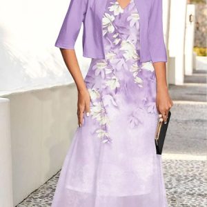 Elegant V Neck Two-Piece Set, Dresses, color:lavender|size:XXL, JustFashionNow