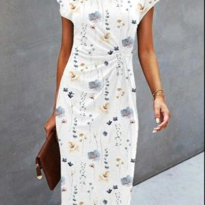 Floral Loose Casual Crew Neck Dress, Dresses, color:White|size:XXL, JustFashionNow