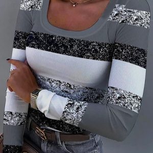 Women's U Neck Slim Color Block Long Sleeve Daily T-Shirts, T-Shirts, color:Gray|size:XXL, JustFashionNow