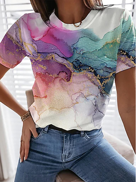 JFN Crew Neck Ombre Colorblock Vacation Casual T-Shirt/Tee, T-Shirts, color:Multicolor|size:XXL, JustFashionNow