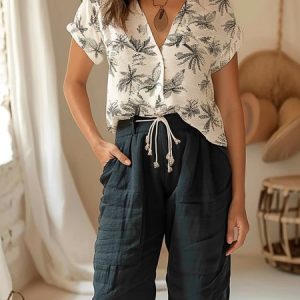 Plain Cotton-Blend Casual Two-Piece Set, Suit Set, color:Black-white|size:XXL, JustFashionNow