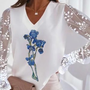 JFN V Neck Floral Lace Patchwork Shirt, Shirts & Blouses, color:White|size:3XL, JustFashionNow