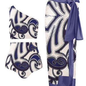 Vacation Abstract Printing One Shoulder Bikini With Cover Up, swimwear>>Tankinis, color:Purple|size:XXL, JustFashionNow