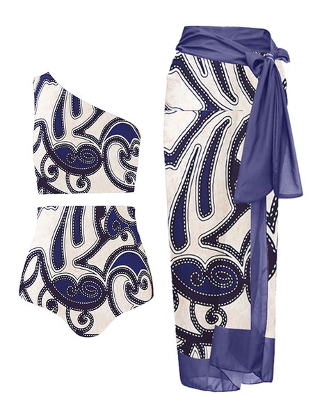 Vacation Abstract Printing One Shoulder Bikini With Cover Up, swimwear>>Tankinis, color:Purple|size:XXL, JustFashionNow
