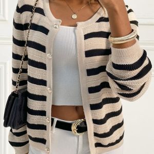 Striped Loose Casual Shawl Collar Cardigan, Sweaters, color:Black|size:XXL, JustFashionNow