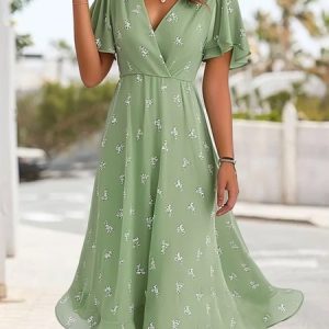 Elegant Floral Ruffled Sleeves Chiffon V Neck Dress, Dresses, color:Green|size:XXL, JustFashionNow