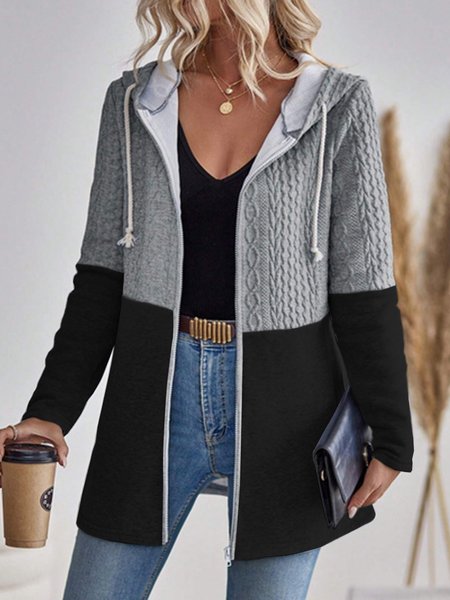 Plain Pocket Stitching Casual Loose Womens' Drawstring Hooded Jacket, JustFashionNow Cardigans, color:Black|size:XXL,