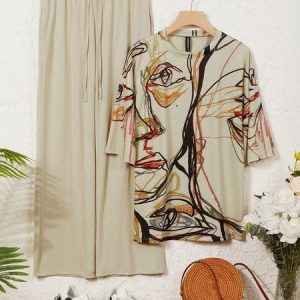 JFN Casual Crew Neck Abstract Loose Two-Piece Set Top with Pants, Suit Set, color:Khaki|size:XXL, JustFashionNow