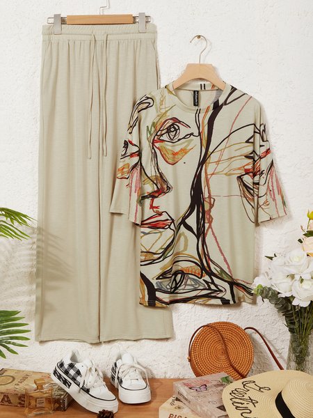 JFN Casual Crew Neck Abstract Loose Two-Piece Set Top with Pants, Suit Set, color:Khaki|size:XXL, JustFashionNow