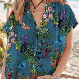 JFN Shirt Collor Vacation Floral Short Sleeve Blouse, Shirts & Blouses, color:Green|size:3XL, JustFashionNow