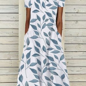 JFN Round Neck Leaves Casual Midi Dresses, Dresses, color:White|size:XXL, JustFashionNow