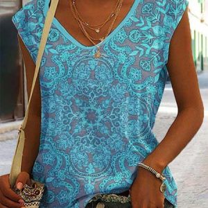 Ethnic Floral Design V-Neck Loose T-Shirt, Tanks & Camis, color:Blue|size:XXL, JustFashionNow