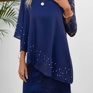 Lace Crew Neck Elegant Dress, Dresses, color:Dark Blue|size:XXL, JustFashionNow