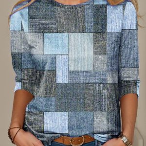 Loose Jersey Casual Multicolor Block T-Shirt, T-Shirts, color:Blue|size:XXL, JustFashionNow
