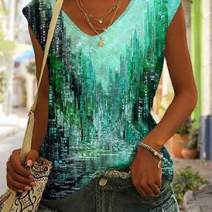 Casual V Neck Landscape Print Loose T-Shirt, Tanks & Camis, color:Green|size:XXL, JustFashionNow