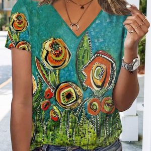Abstract rose pattern loose holiday flower T-shirt, T-Shirts, color:Green|size:XXL, JustFashionNow