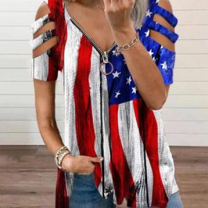 Flag Loosen V Neck Short Sleeve T-Shirt, T-Shirts, color:Multicolor|size:XXL, JustFashionNow