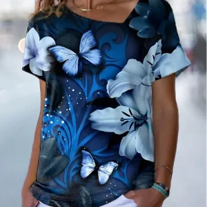 JFN V Neck Butterfly Casual T-Shirt, T-Shirts, color:Blue|size:XXL, JustFashionNow