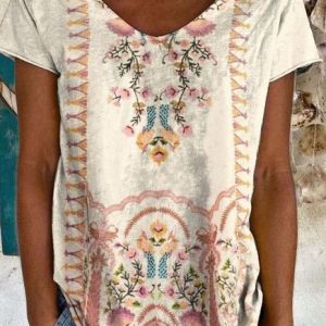 Tribal V Neck Loosen Short Sleeve T-shirt, T-Shirts, color:Apricot|size:XXL, JustFashionNow