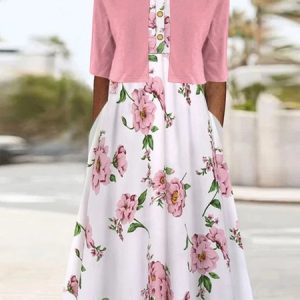 Elegant Loose Cotton-Blend Crew Neck Two-Piece Set, Suit Set, color:Pink|size:XXL, JustFashionNow