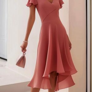 Ruffled Sleeves V Neck Elegant Dress, Dresses, color:Shrimp Red|size:XXL, JustFashionNow