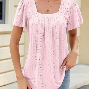 Casual Square Neck Bell Sleeve Pleated Short Sleeve T-Shirt, T-Shirts, color:Light Pink|size:XXL, JustFashionNow