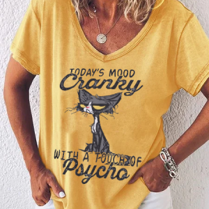 JFN V Neck Animal Letter Cotton Blends Casual Short Sleeve T-Shirt/Tee, T-Shirts, color:Yellow|size:XXL, JustFashionNow