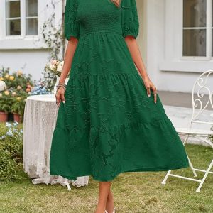 Crew Neck Plain Loose Vacation Dress, Dresses, color:darkgreen|size:XL, JustFashionNow