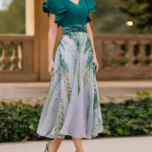 Ruffled Sleeves Regular Fit Elegant Dress, Dresses, color:Green|size:XXL, JustFashionNow