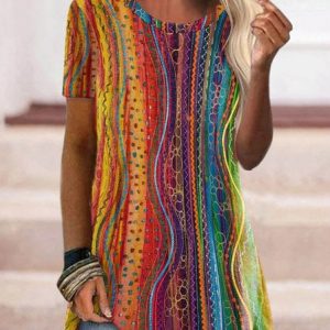 JFN Round Neck Colorful StripesCasual Tunic Tops, T-Shirts, color:Multicolor|size:L, JustFashionNow