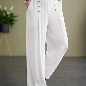 Casual Plain High Waist Long Wide Leg Pants, Joggers, color:White|size:XXL, catalog Noracora shop