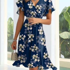 Elegant Floral Ruffled Sleeves Glitter Dress, Dresses, color:Blue|size:XXL, JustFashionNow