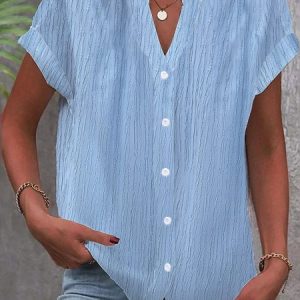 Loose Plain V Neck Casual Blouse, JustFashionNow Shirts, color:Blue|size:XXL,