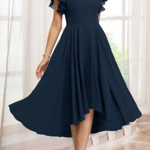 Ruffled Sleeves Plain Elegant Chiffon Regular Fit Dress, Dresses, color:Blue|size:XXL, JustFashionNow