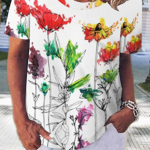Crew Neck Loose Casual Floral T-Shirt, T-Shirts, color:White|size:XXL, JustFashionNow