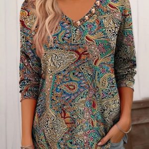 Casual Paisley V Neck Jersey T-Shirt, T-Shirts, color:Blue|size:XXL, JustFashionNow