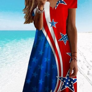 Flag Day Scallop V-Neck Floral Casual Knit Dress, Dresses, color:Multicolor|size:XXL, JustFashionNow