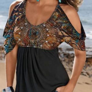 JFN Cold Shoulders Mexican Tribal Casual Blouse, Shirts & Blouses, color:Multicolor|size:XXL, JustFashionNow
