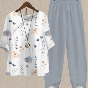 Loose Buttoned Crew Neck Casual Two-Piece Set, Suit Set, color:Blue|size:XXL, JustFashionNow