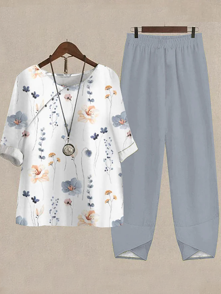 Loose Buttoned Crew Neck Casual Two-Piece Set, Suit Set, color:Blue|size:XXL, JustFashionNow