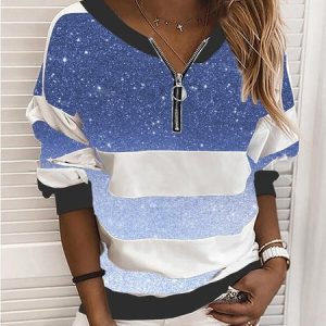 Color Block Sequin V Neck Long Sleeve SweatShirt Pullover, Sweatshirts & Hoodies, color:Blue|size:3XL, JustFashionNow
