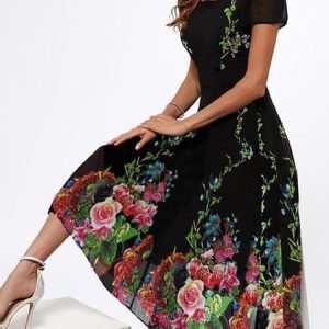 Elegant Square Neck Floral Dress, Dresses, color:Black|size:XXL, JustFashionNow