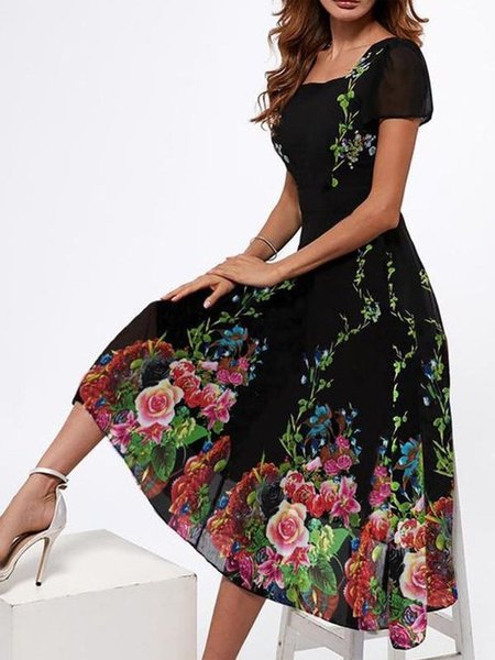 Elegant Square Neck Floral Dress, Dresses, color:Black|size:XXL, JustFashionNow